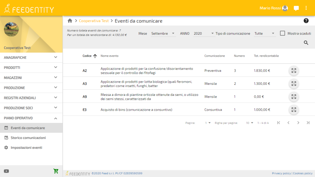 Image depicting the "events to communicate" feature for a producer organization in the Feedentity platform